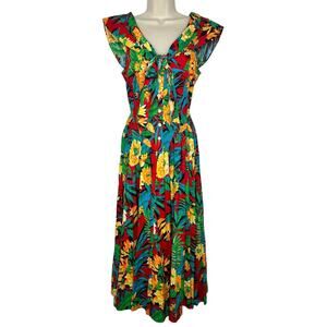 Jen Chris Women’s VTG Button Front Tropical Floral Cotton Pleated Dress Size 10